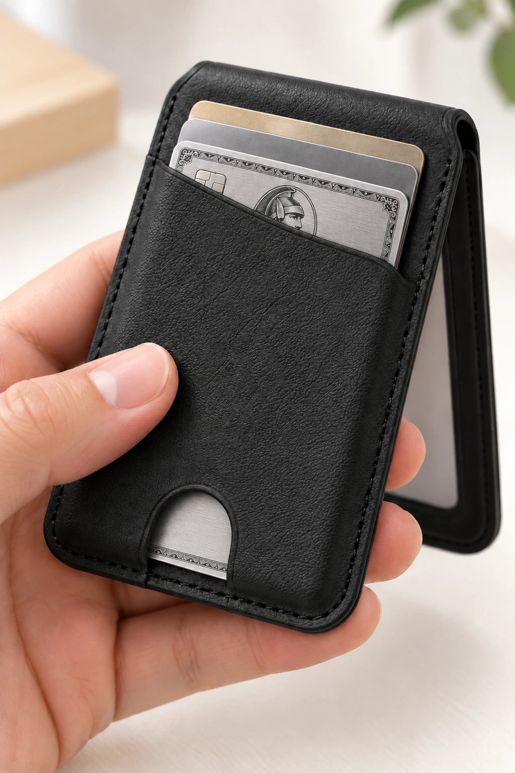 Premium silver cards inside a black vegan leather wallet with textured grain and stitched edges.