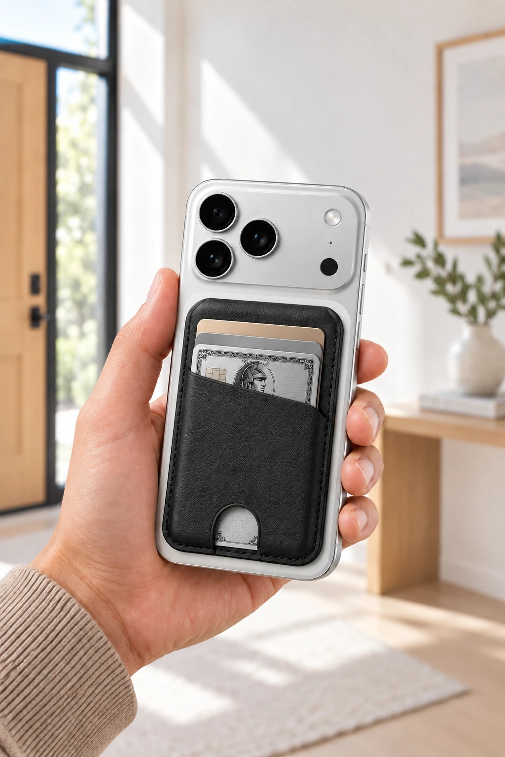A black folding card wallet attached to the back of a silver phone held in one hand.