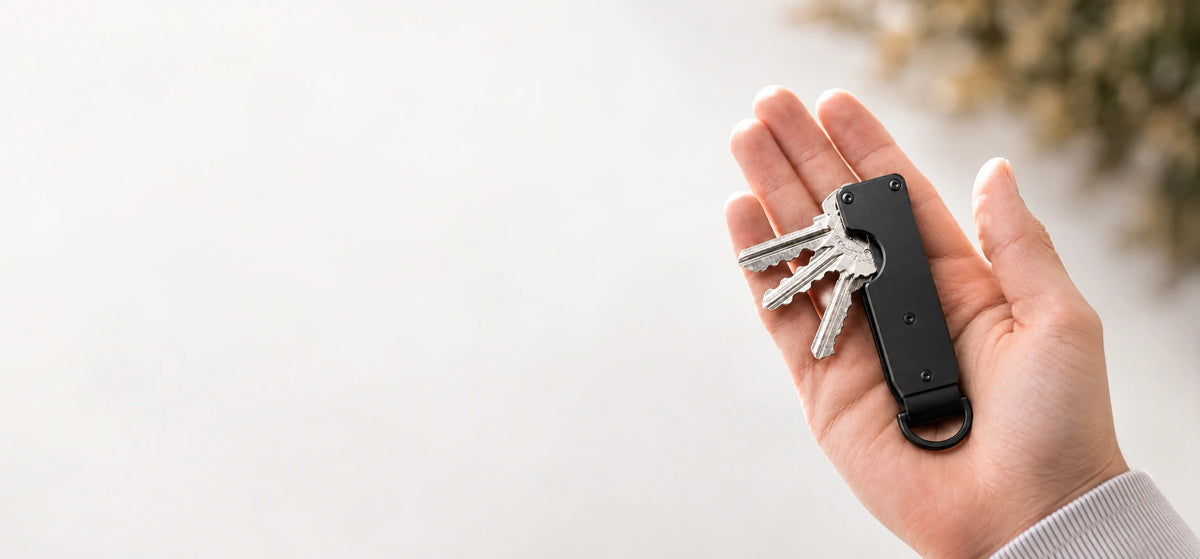 Three keys folded neatly between the plates of a black key organizer.