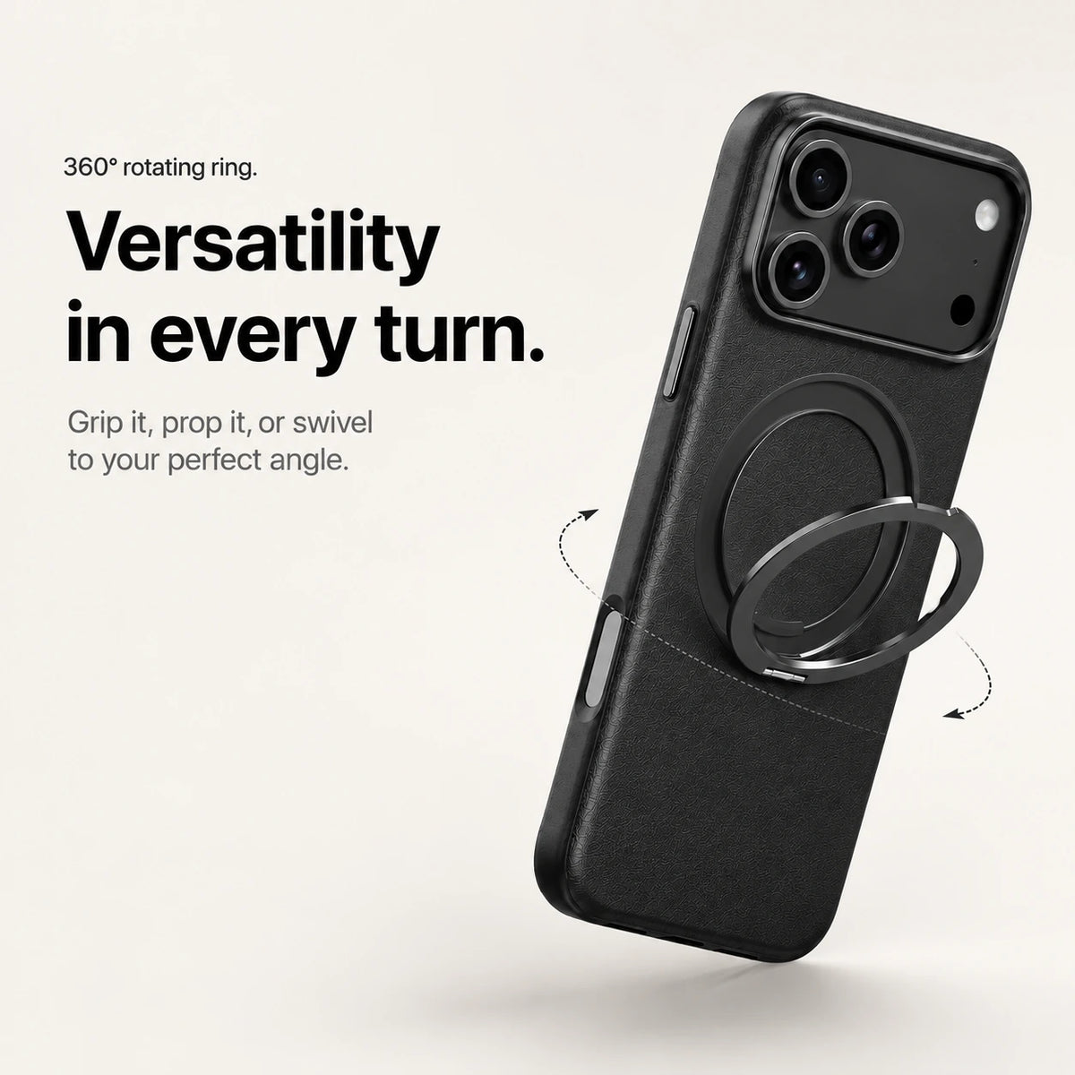 Black leather phone case with an adjustable ring stand and rotation arrows #color_Midnight Black