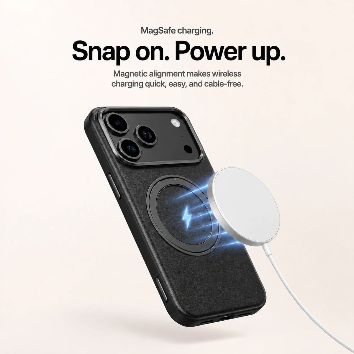 Black leather phone case beside a round magnetic wireless charger and white cable #color_Midnight Black