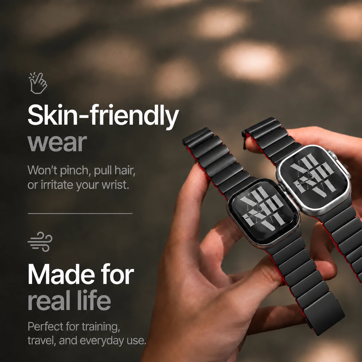 Black Titanium Cherry hybrid watch band worn comfortably on wrists #color_Black Titanium Cherry