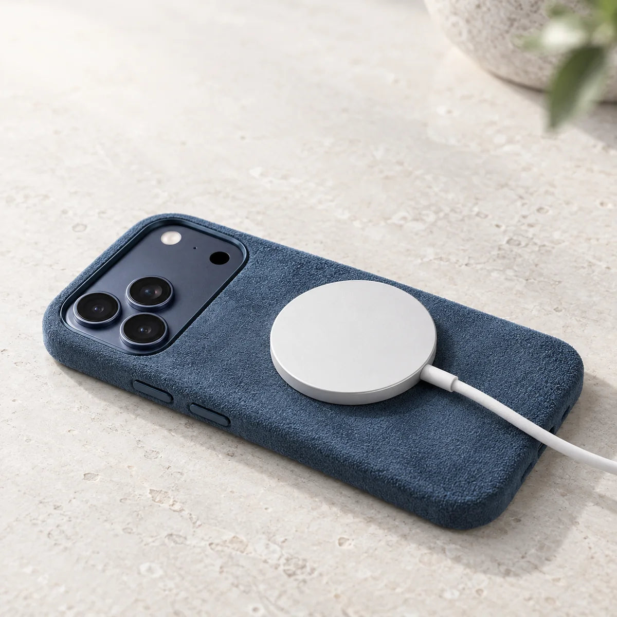 White magnetic charging puck attached to the back of a blue fabric phone case.