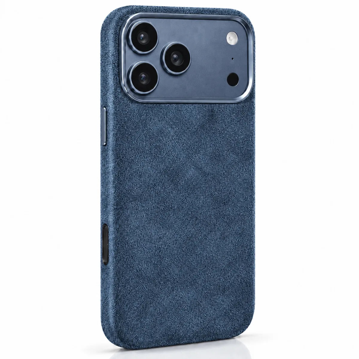 Blue fabric phone case in a slightly angled rear view, showing the side controls. #color_Deep Blue