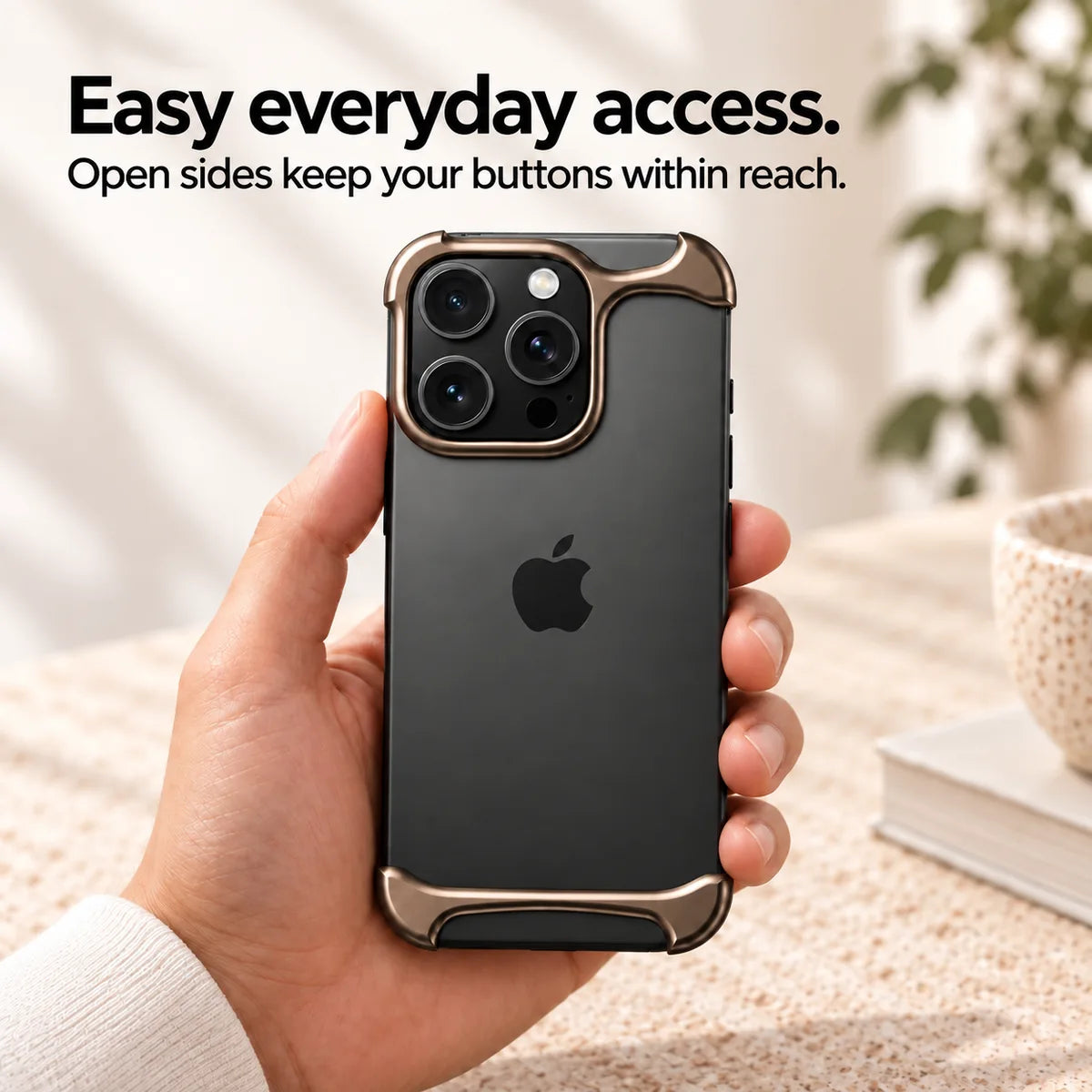Bronze two-piece metal phone bumper with open sides and accessible buttons #color_Bronze