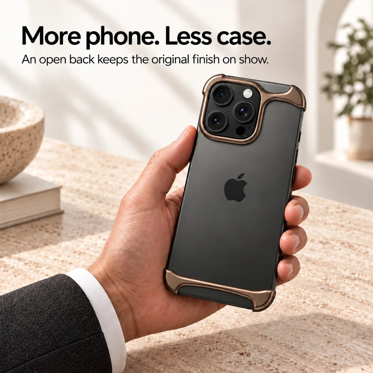 Bronze two-piece metal phone bumper showing the exposed phone back #color_Bronze