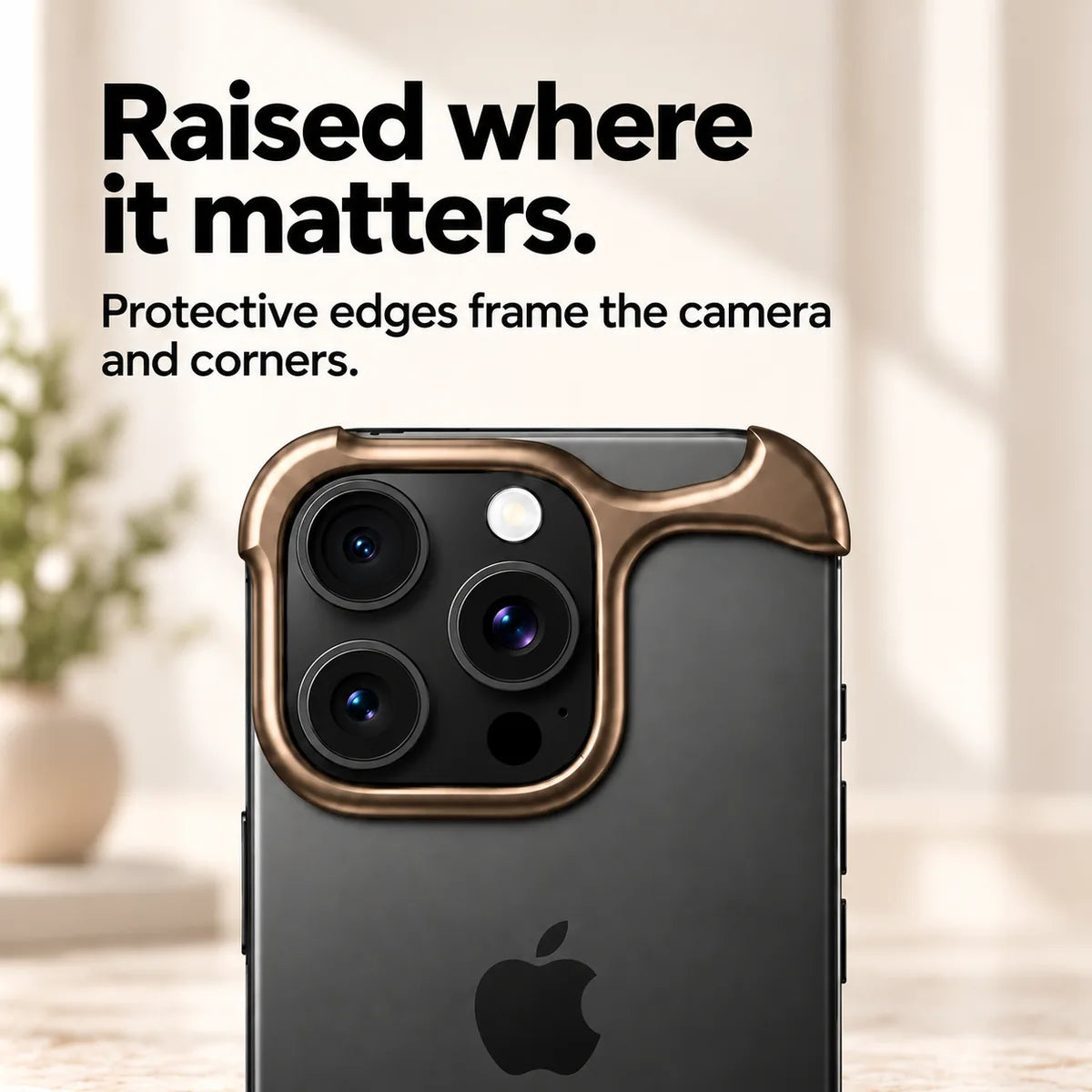 Bronze two-piece metal phone bumper framing the camera and upper corners #color_Bronze
