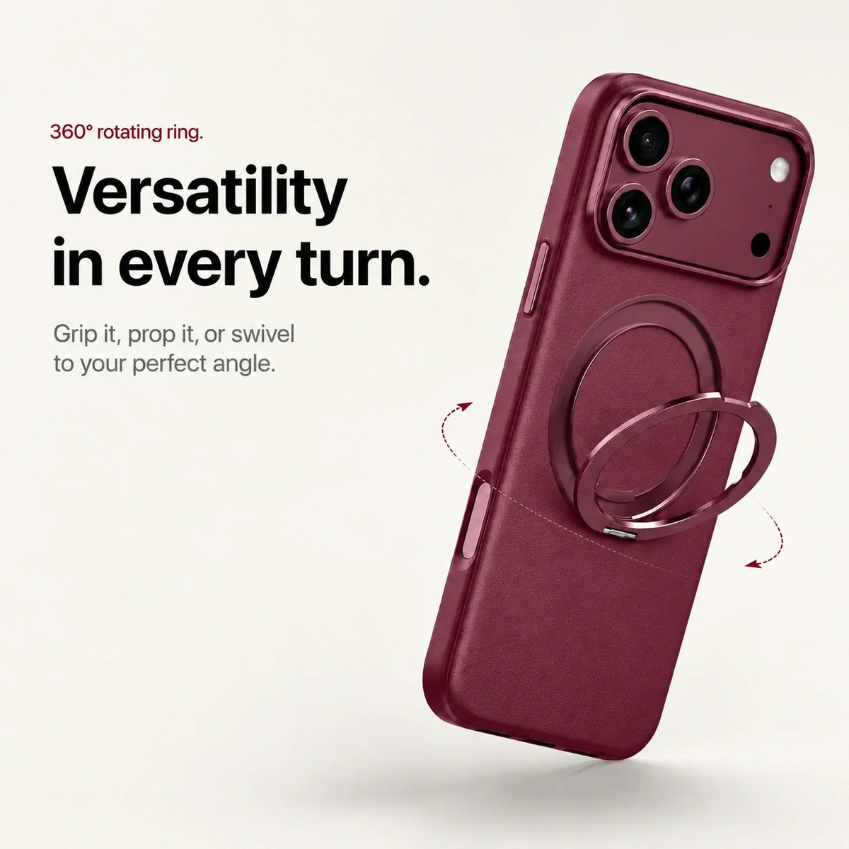 Burgundy leather-finish phone case showing the adjustable ring and rotation arrows #color_Burgundy
