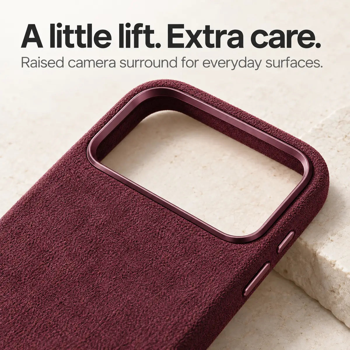 Burgundy fabric phone case with a close view of the raised camera surround. #color_Burgundy