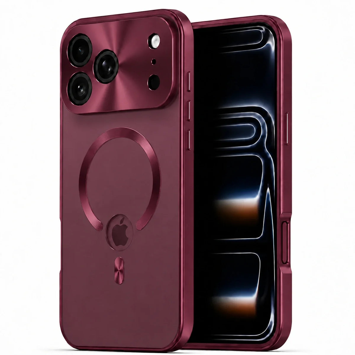Burgundy metal frame phone case shown from the front and back #color_Burgundy