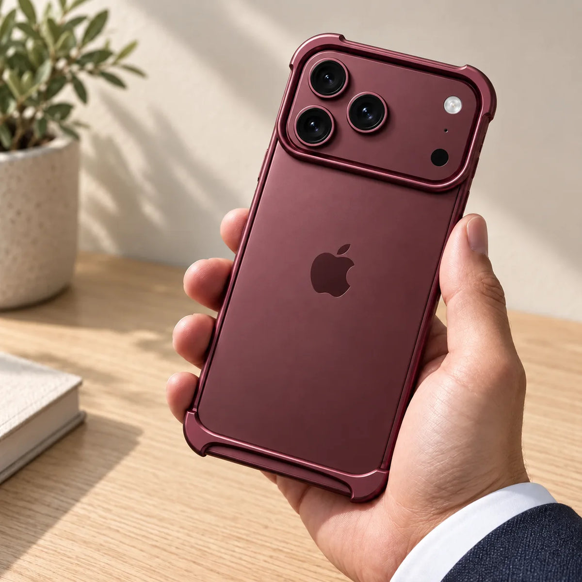 Hand holding a Burgundy phone with slim metal top and bottom guards and an exposed back.