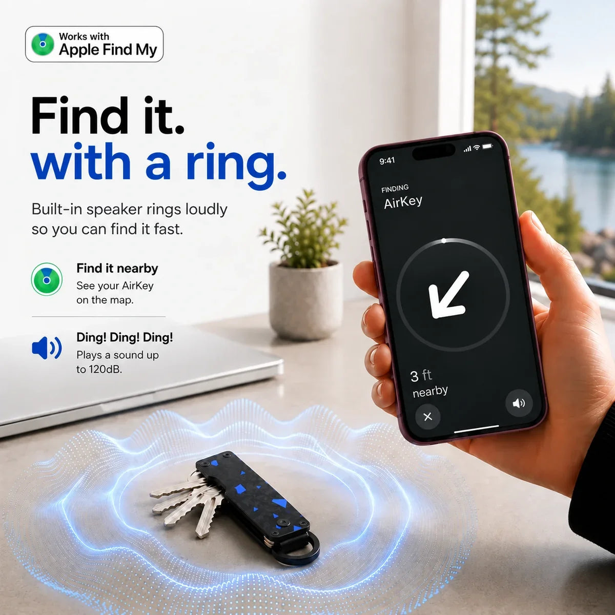 Carbon Blue tracking key organizer with a sound illustration and Burgundy iPhone showing the nearby finding screen. #color_Carbon Blue