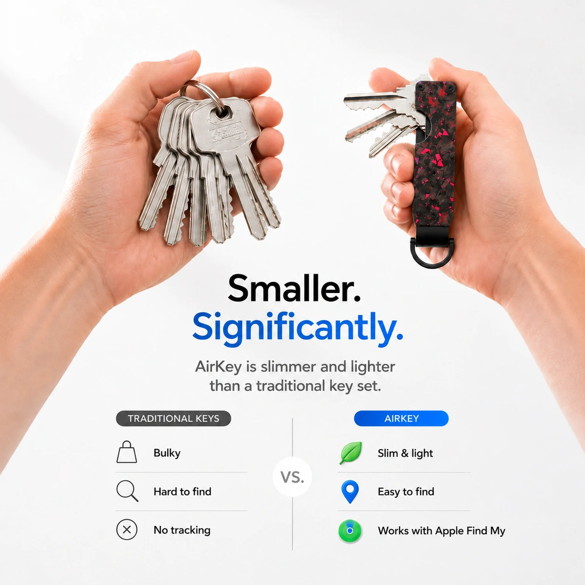 Carbon Red compact tracking key organizer compared with loose keys #color_Carbon Red