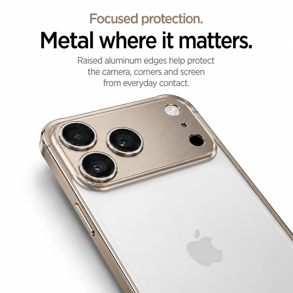 Champagne gold aluminum frame phone case showing its raised camera and corner protection #color_Champagne Gold
