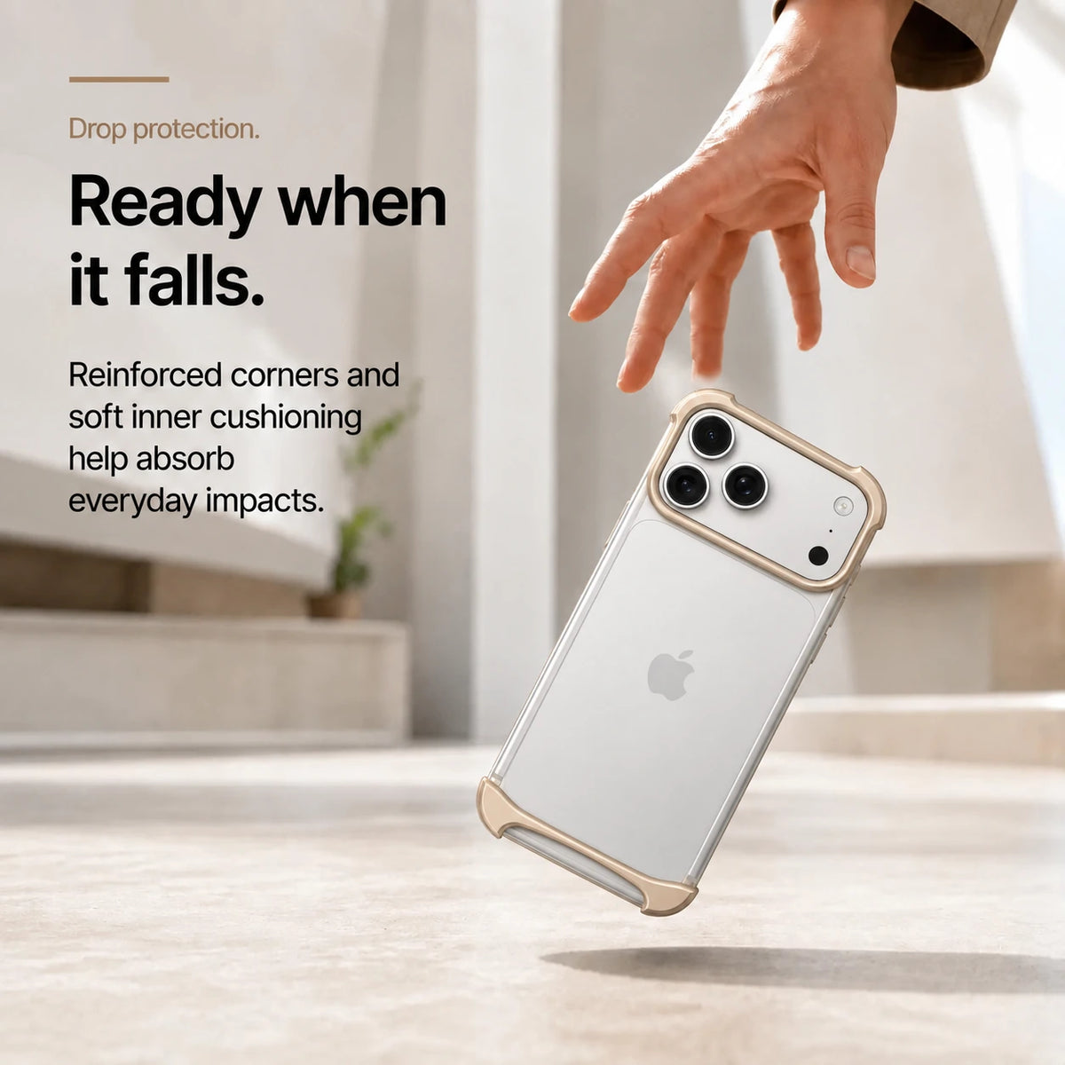 Gold metal phone bumper in a horizontal side view showing raised end protection #color_Champagne Gold