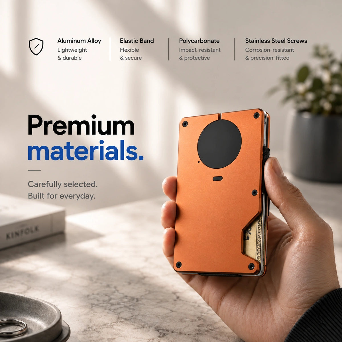 Cosmic Orange slim tracking card wallet showing its materials #color_Cosmic Orange
