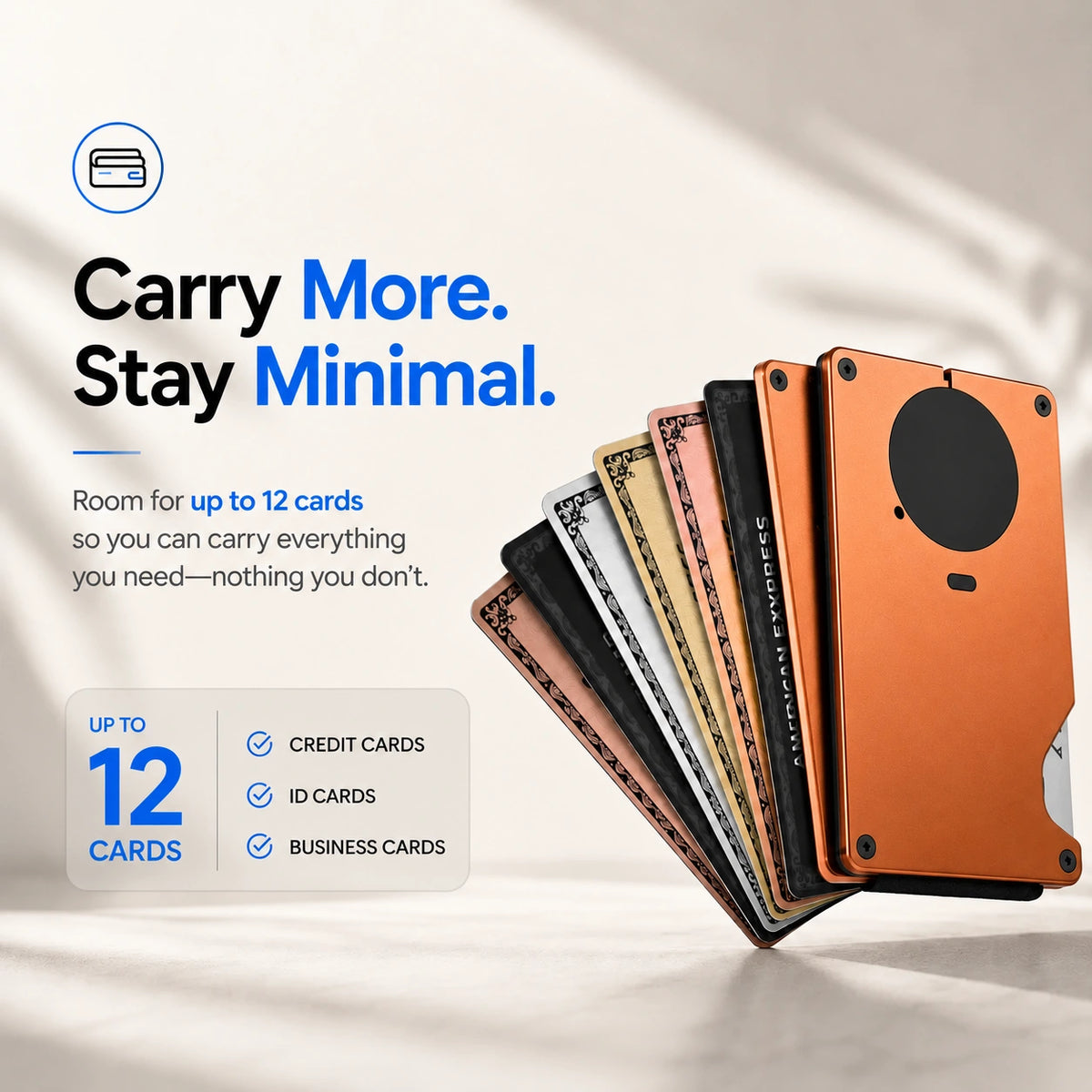 Cosmic Orange slim tracking card wallet with a fan of cards #color_Cosmic Orange