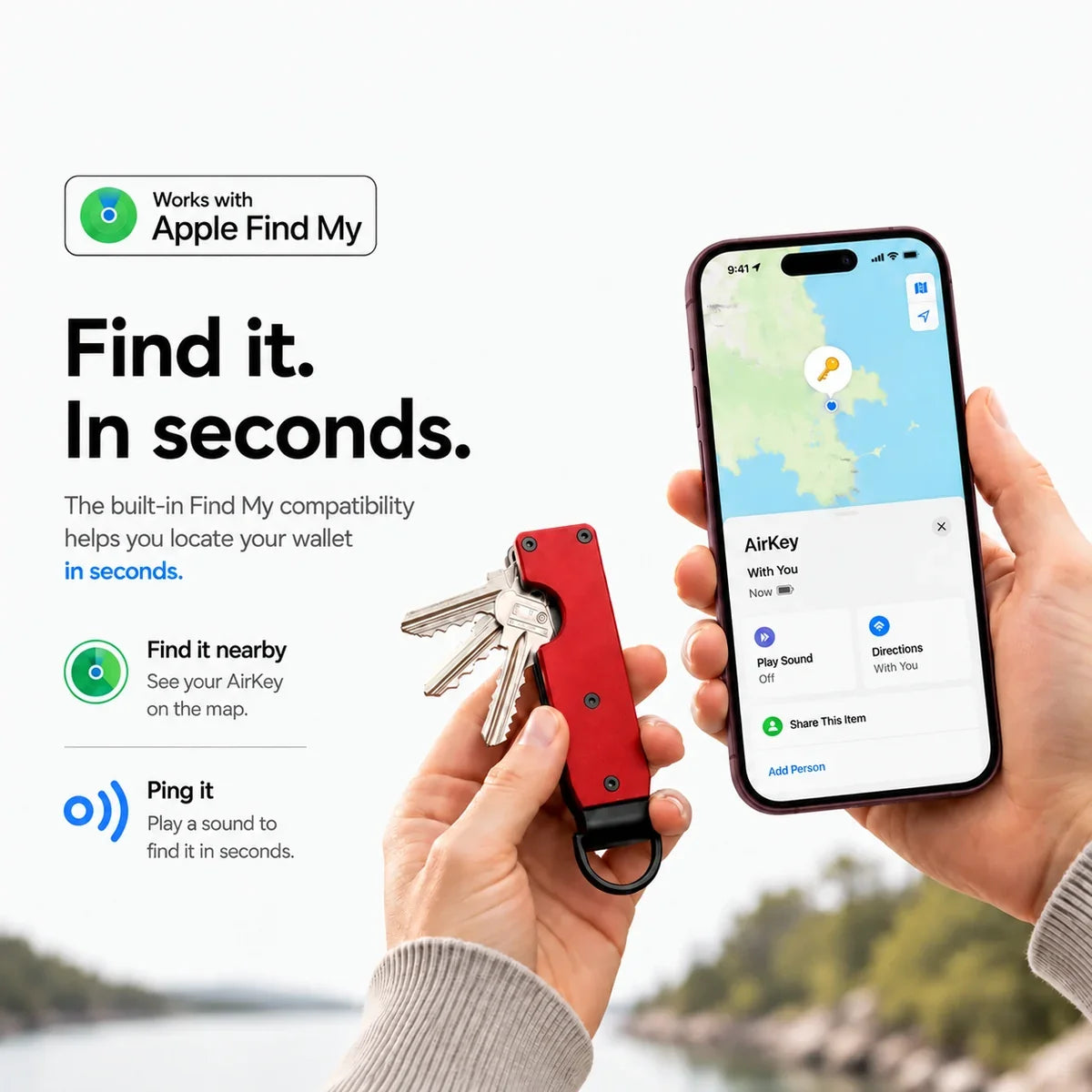 Crimson Red tracking key organizer being located using Find My on a Burgundy iPhone. #color_Crimson Red