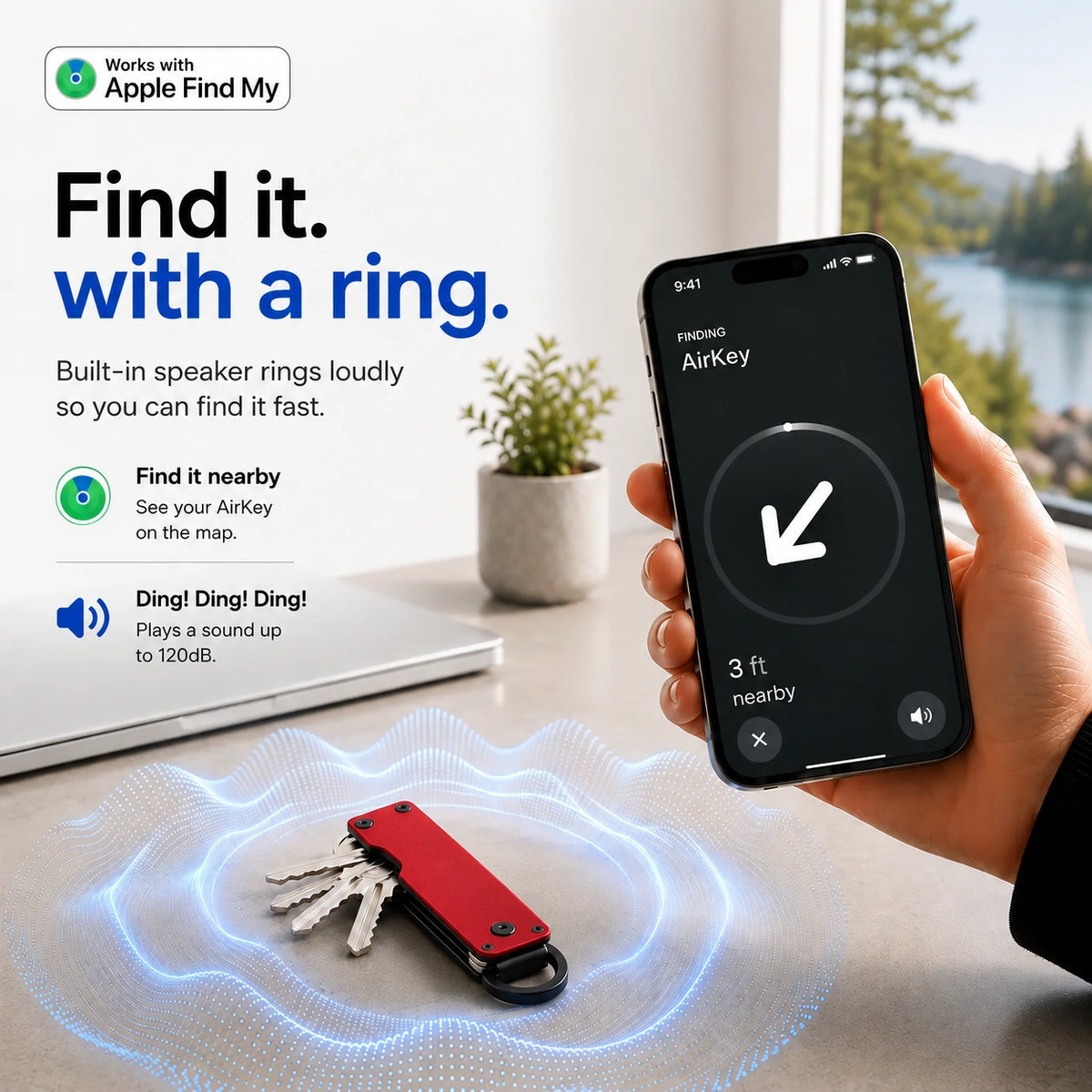 Crimson Red compact tracking key organizer with a ringing location illustration #color_Crimson Red