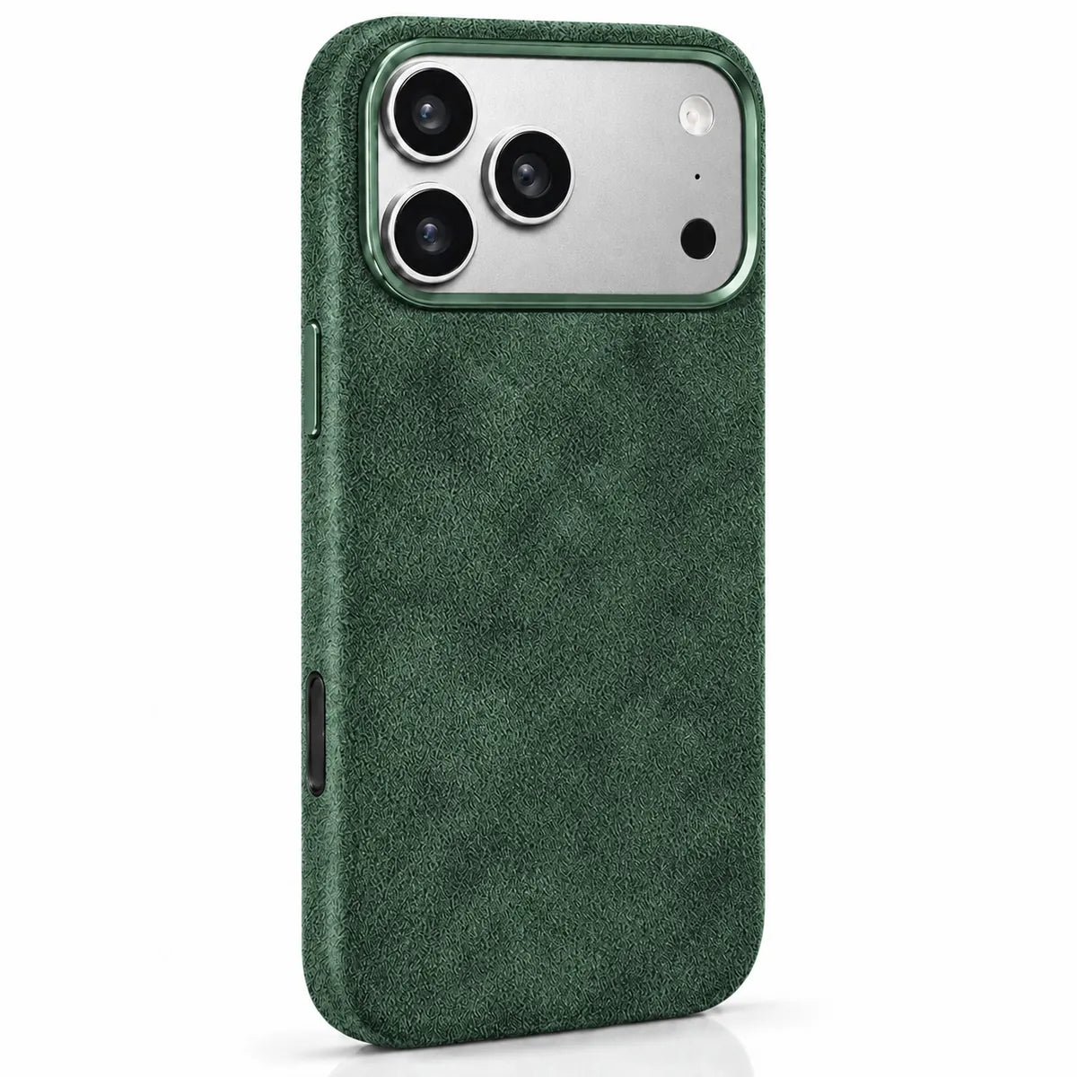 Dark green fabric phone case in a slightly angled rear view, showing the side controls. #color_Forest Green