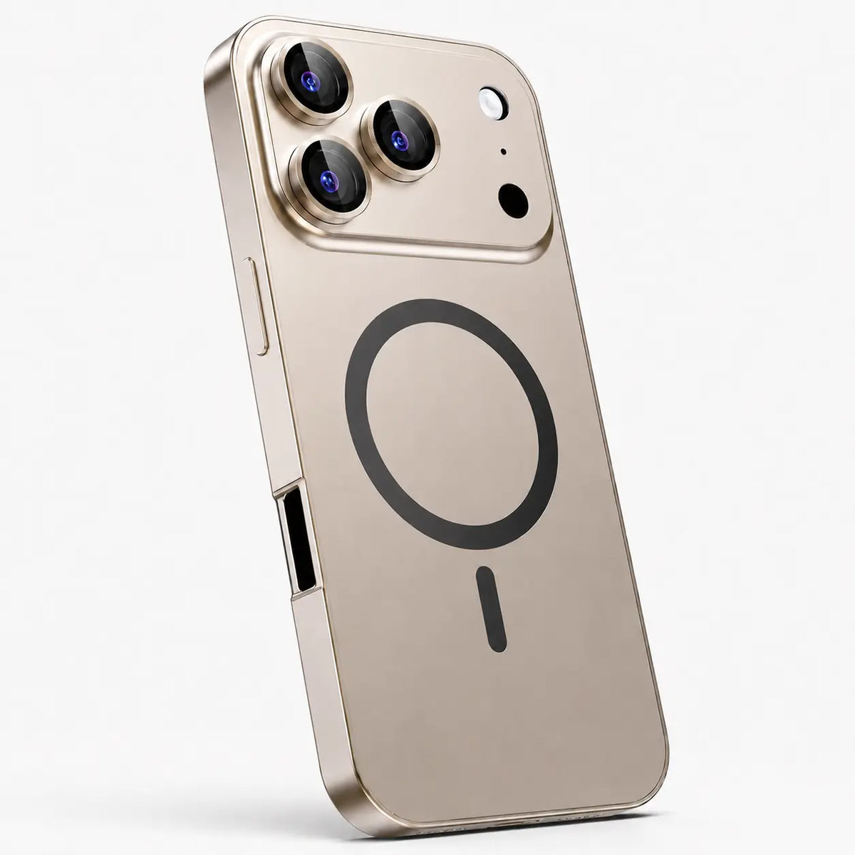 Desert gold metal magnetic phone case in an upright rear detail view on a white background #color_Desert Gold