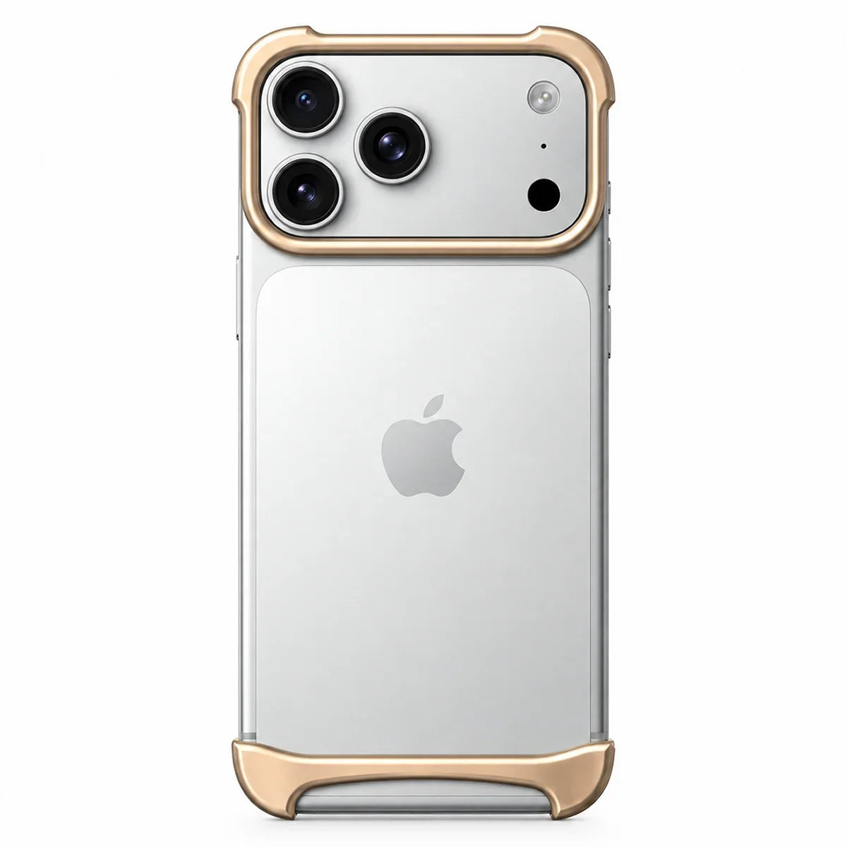 Gold two-piece metal phone bumper with exposed phone back on a white background #color_Champagne Gold