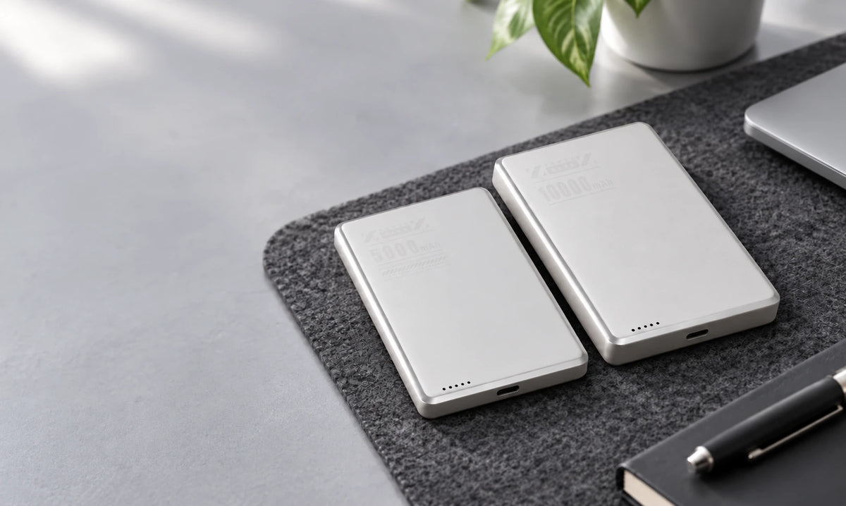 Gray 5000mAh and 10000mAh portable power banks shown side by side on a desk.