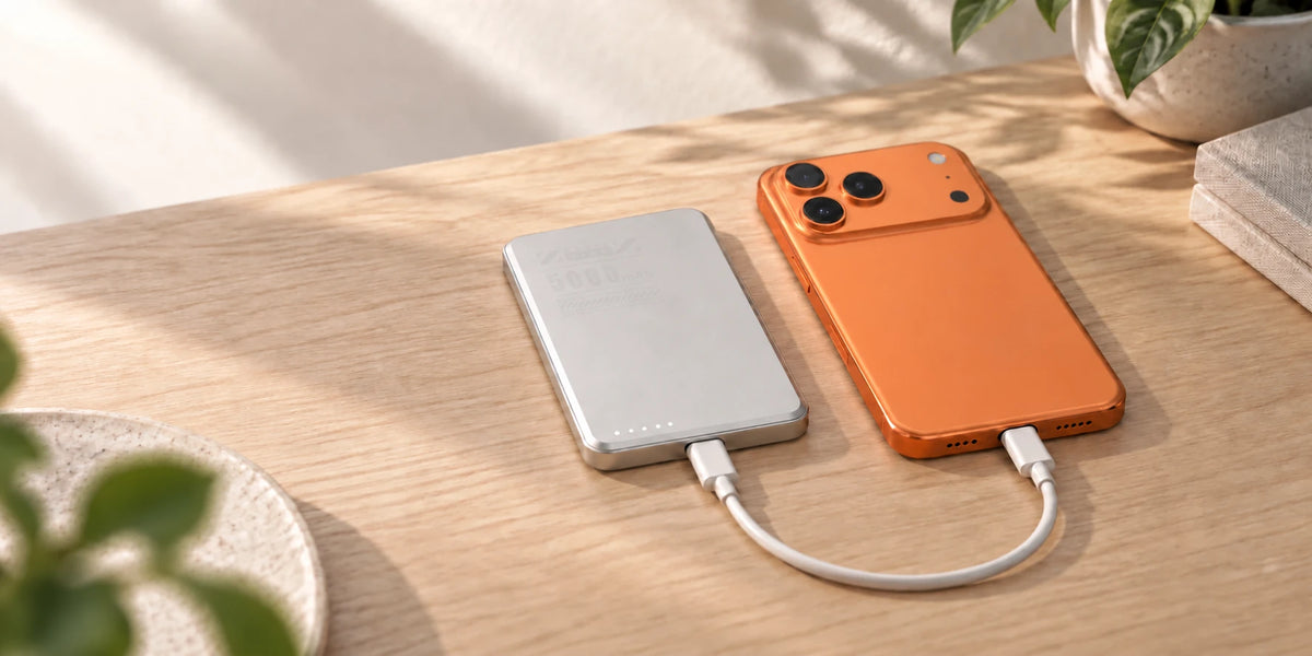 Gray 5000mAh portable power bank connected to an orange phone with a USB-C cable.