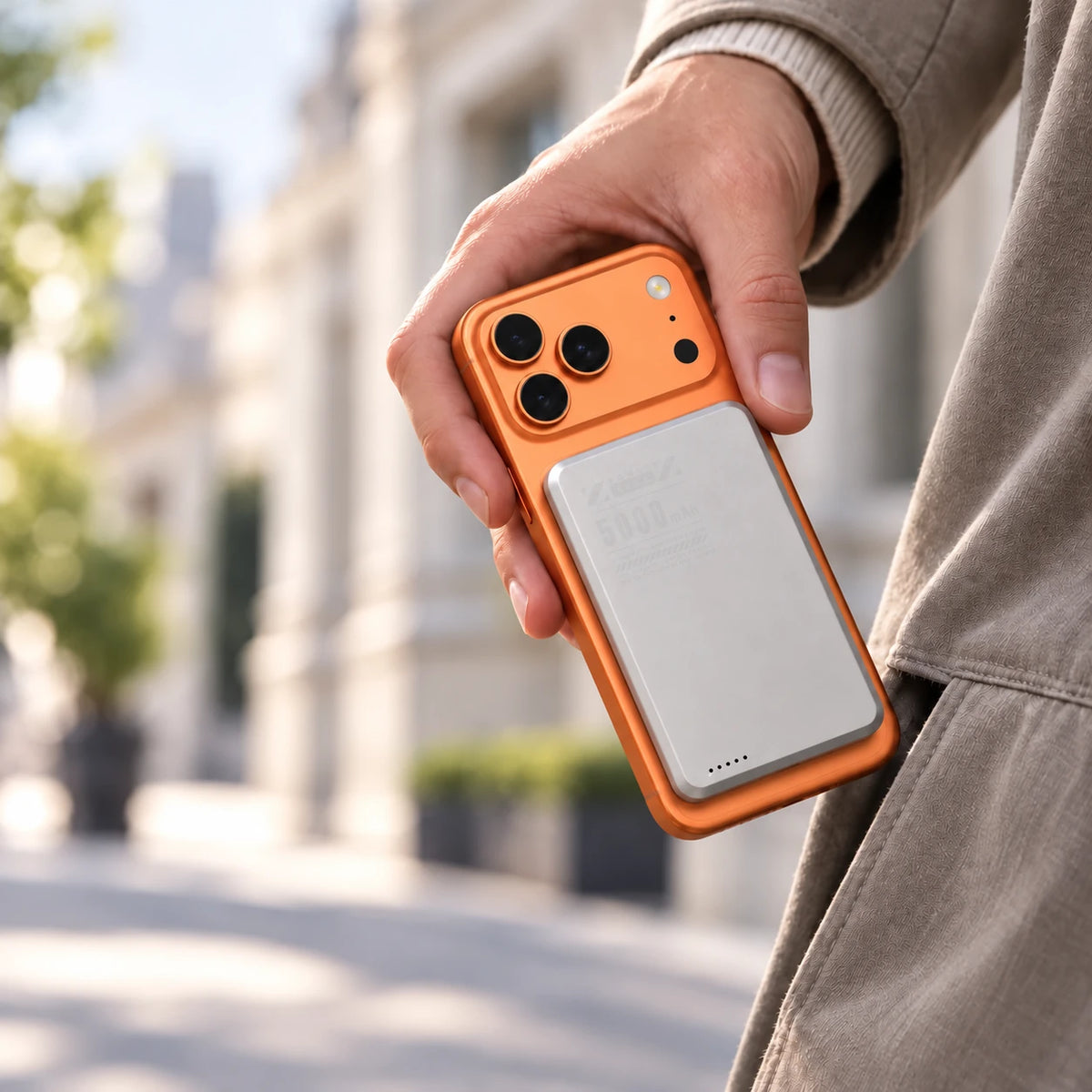 Hand carrying an orange phone with a gray slim magnetic power bank attached to its back.