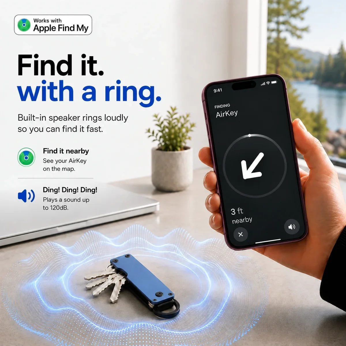 Horizon Blue tracking key organizer with a sound illustration and Burgundy iPhone showing the nearby finding screen. #color_Horizon Blue