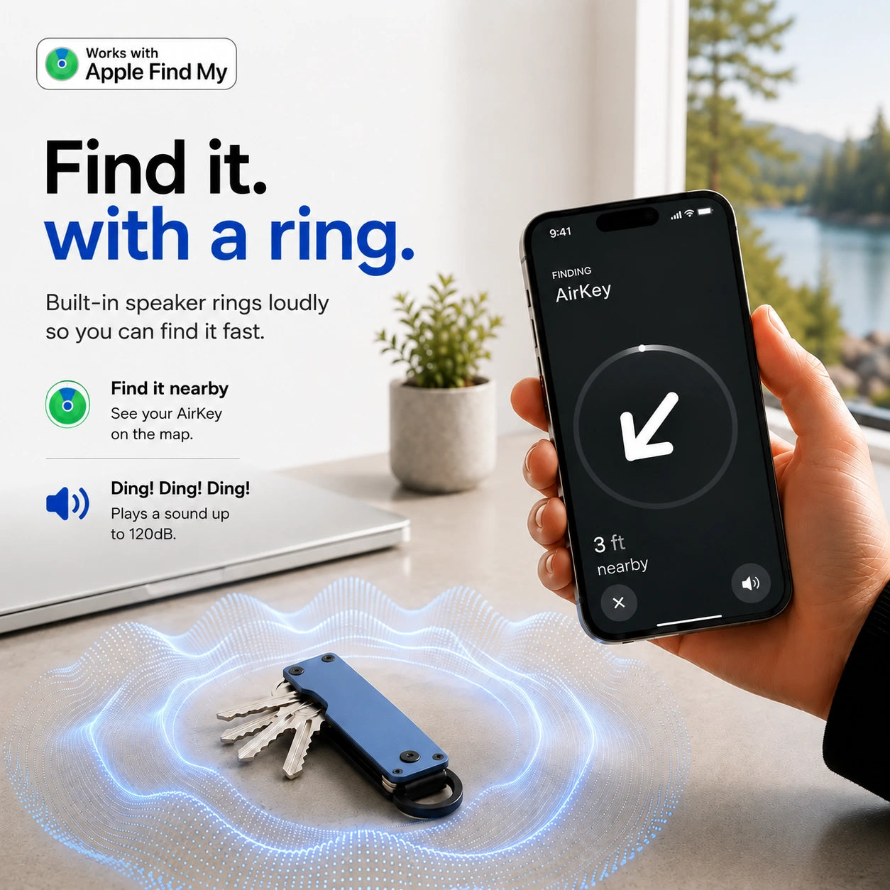 Horizon Blue compact tracking key organizer with a ringing location illustration #color_Horizon Blue