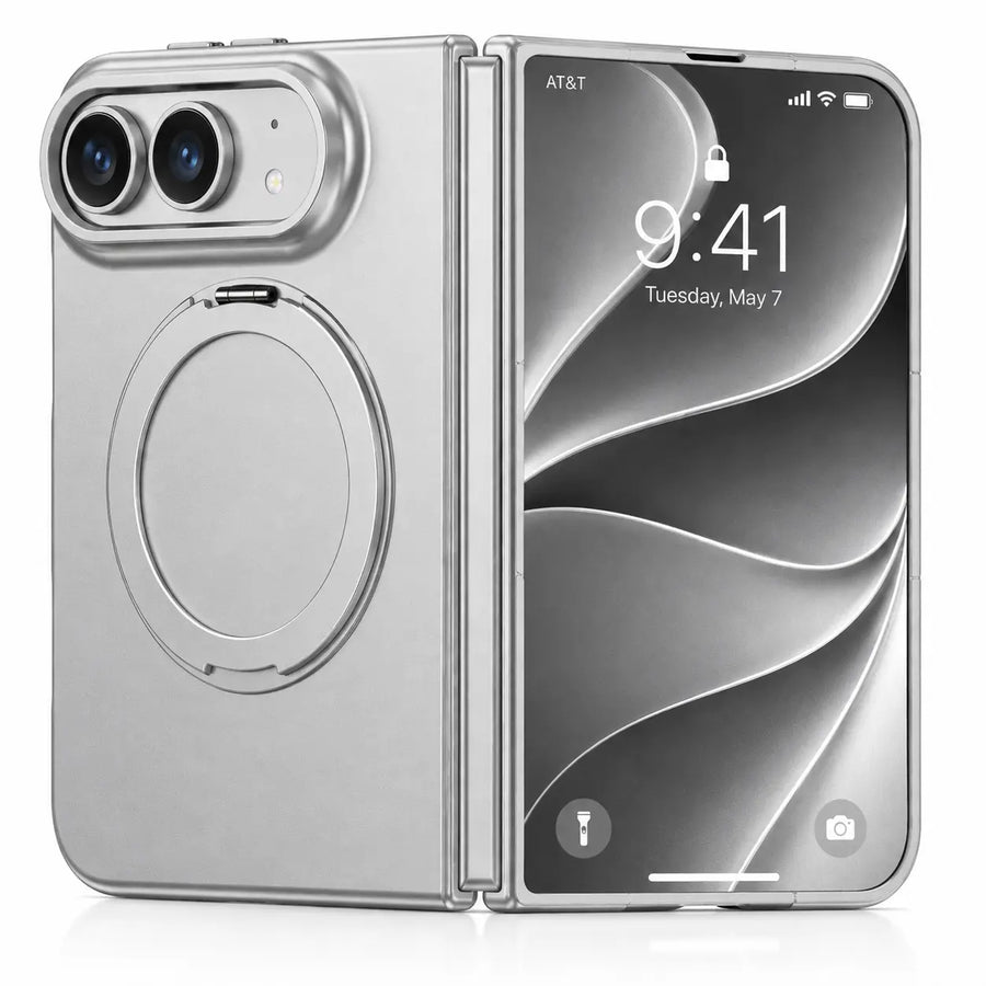 Silver folding phone case with hinge protection and a magnetic ring