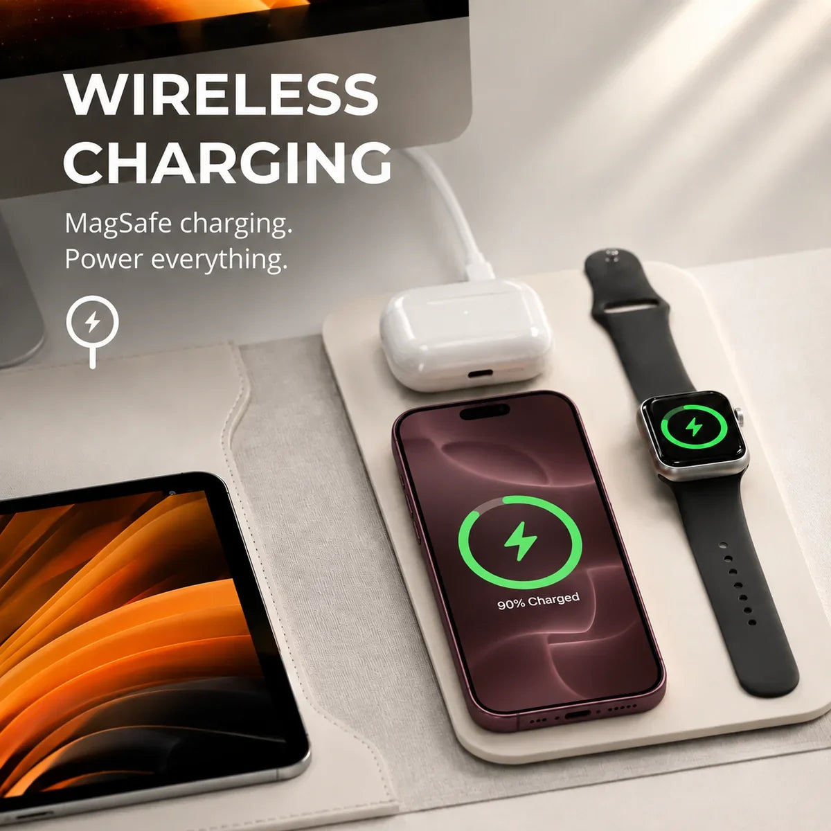 Cloud White wireless charging laptop sleeve with devices charging on the side panel. #color_Cloud White
