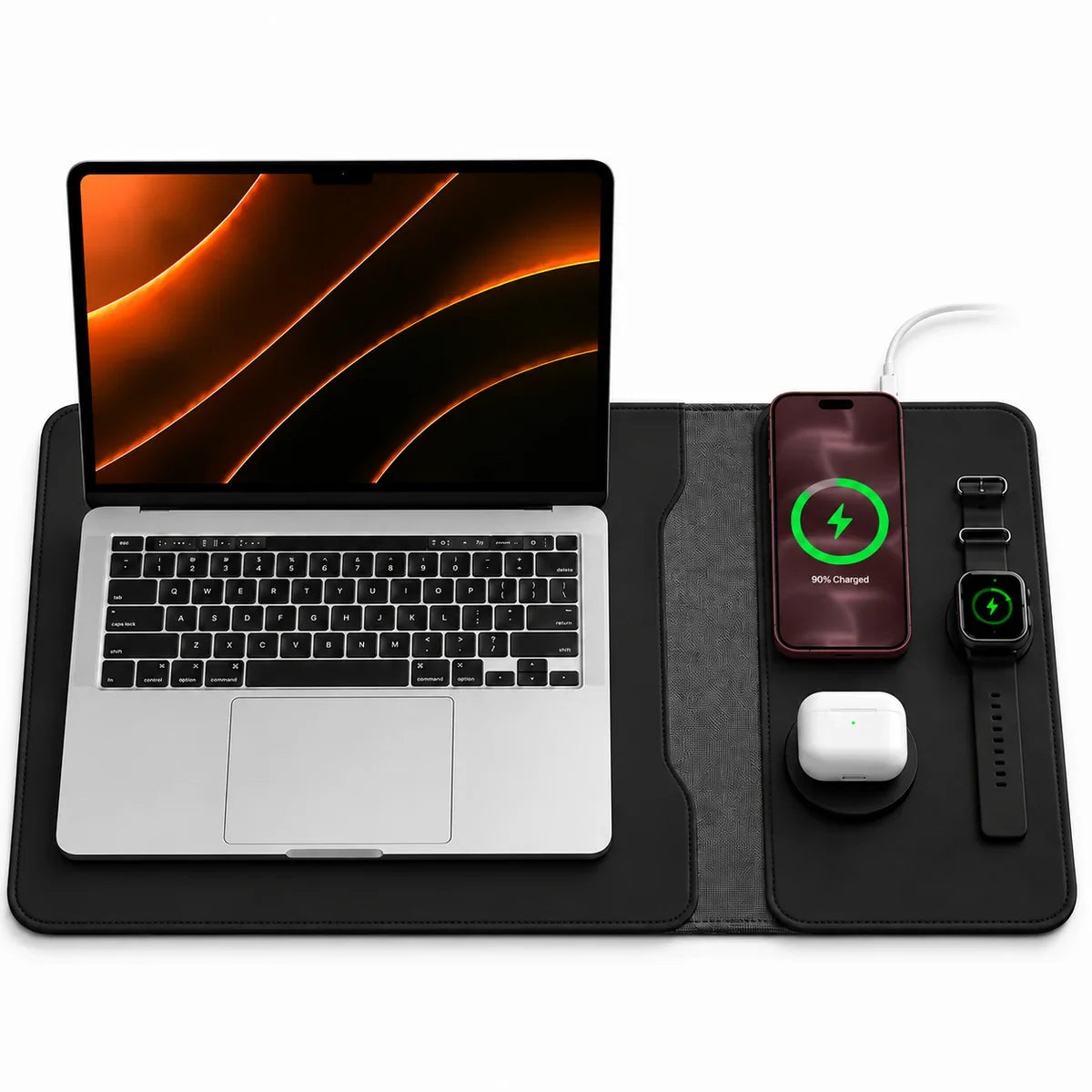 Midnight Black wireless charging laptop sleeve with three charging areas. #color_Midnight Black