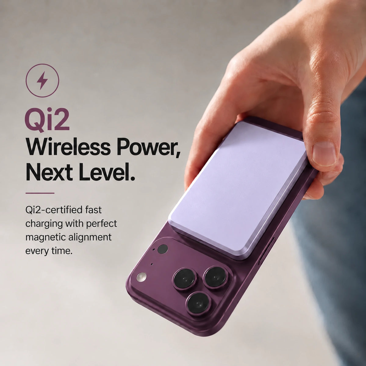 Lavender slim magnetic power bank attaching magnetically to a phone #color_Lavender