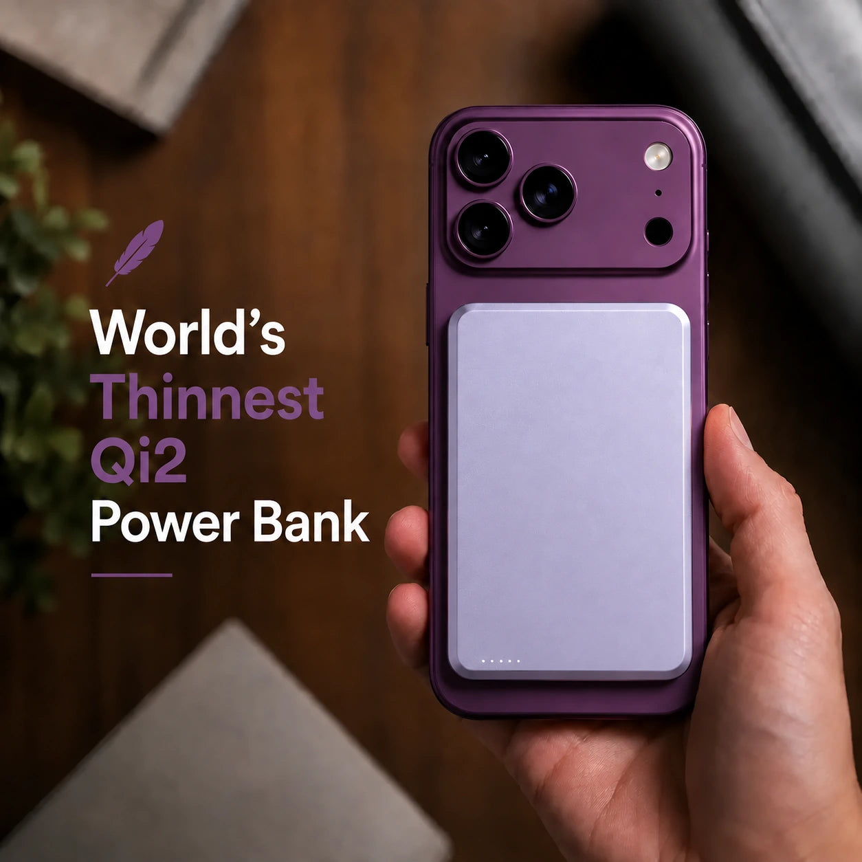 Lavender slim magnetic power bank held on a phone #color_Lavender
