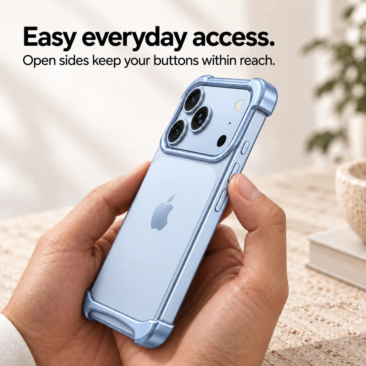 Light blue metal phone bumper held in hand showing access to the side buttons #color_Glacier
