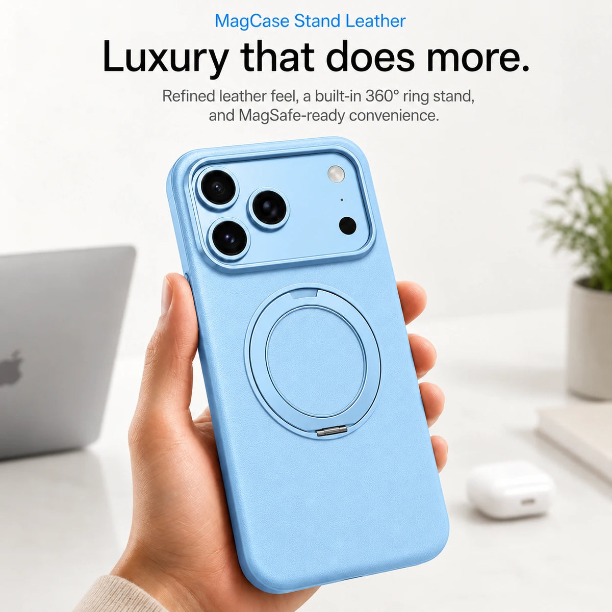 Glacier leather phone case held upright at a desk with the ring stand folded flat #color_Glacier