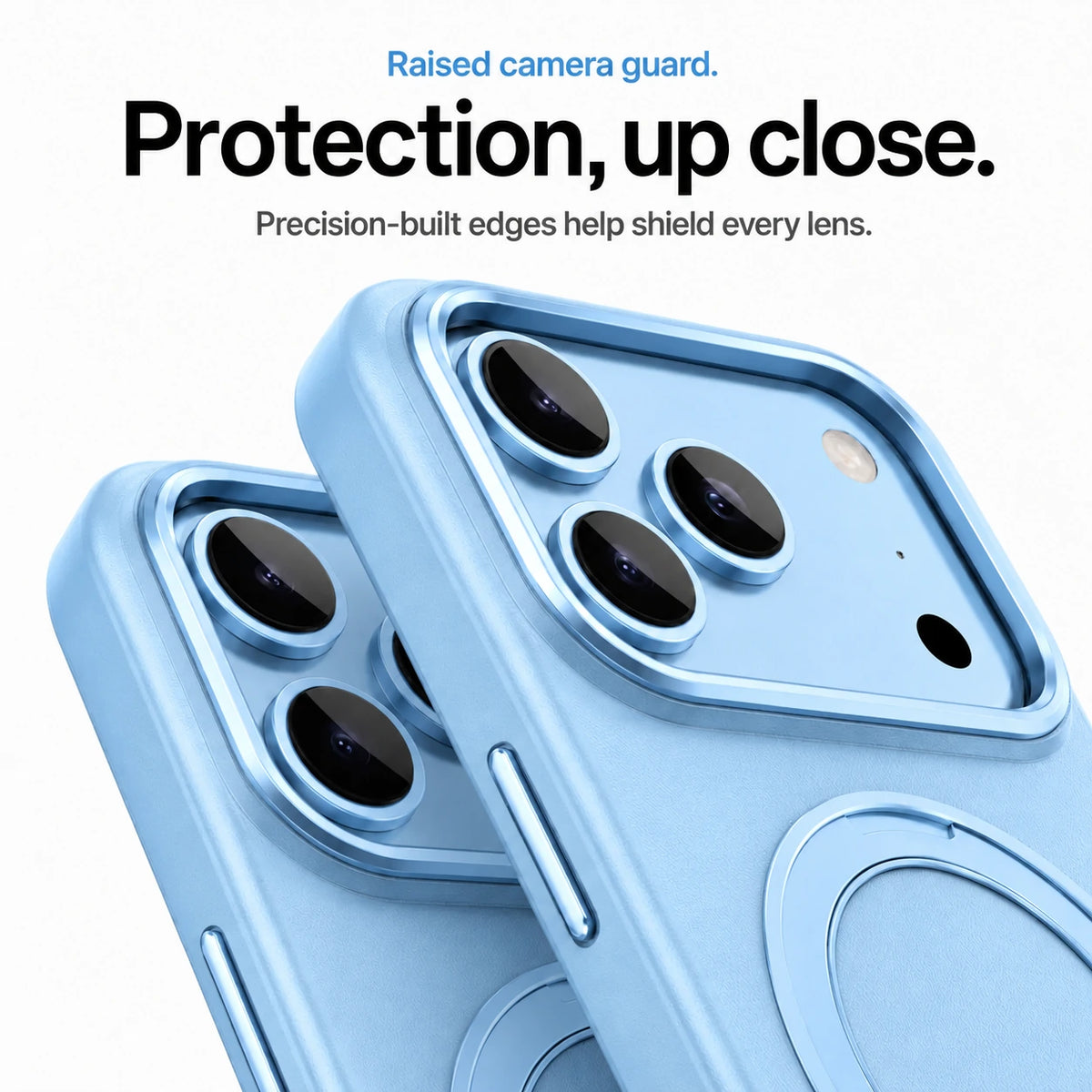Glacier leather phone cases in close-up showing raised camera guards and lens trim #color_Glacier