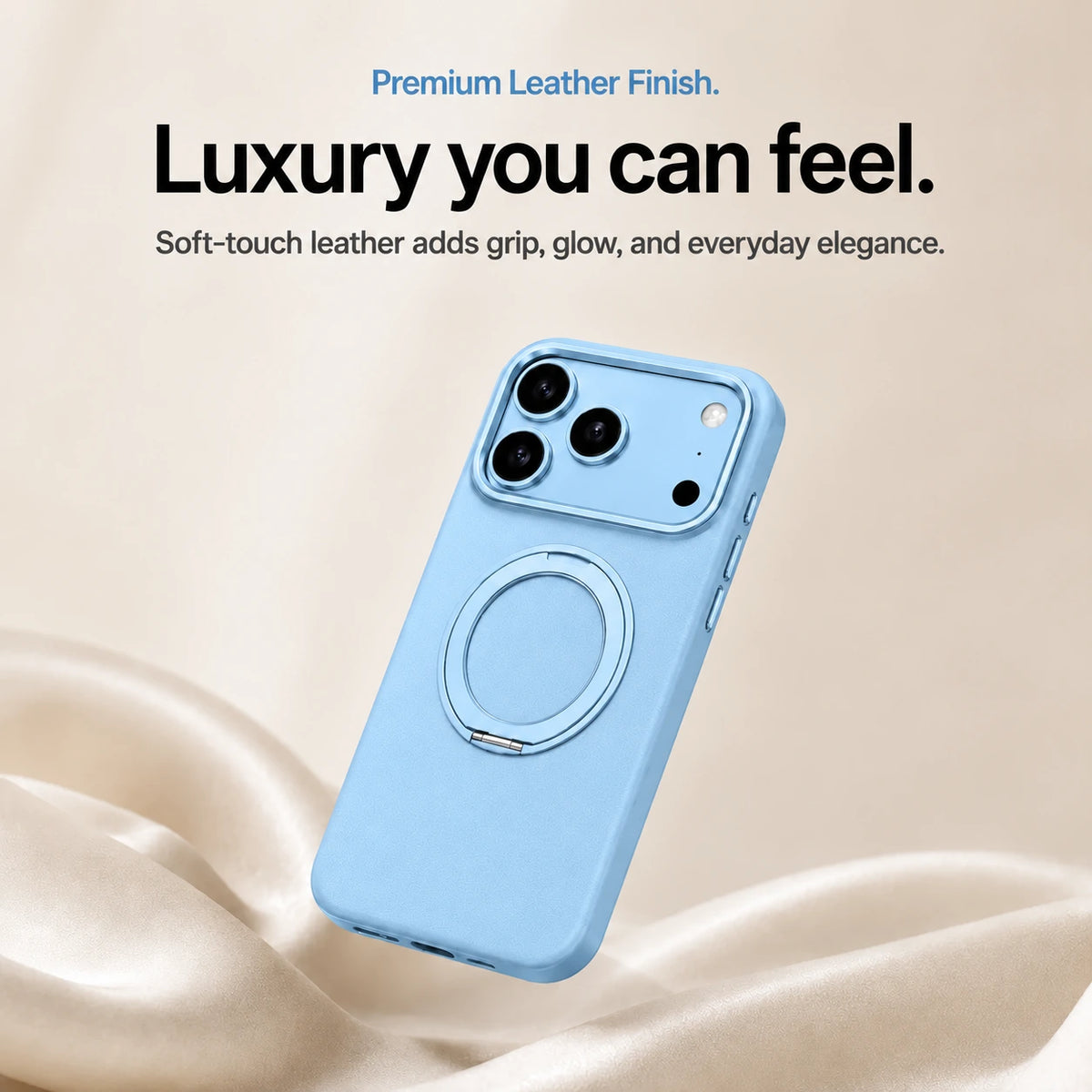 Glacier leather phone case with a closed ring stand above soft cream fabric #color_Glacier