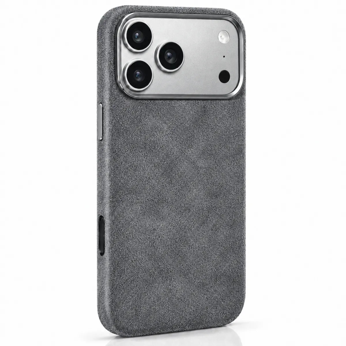 Light gray fabric phone case in a slightly angled rear view, showing the side controls. #color_Mist Gray