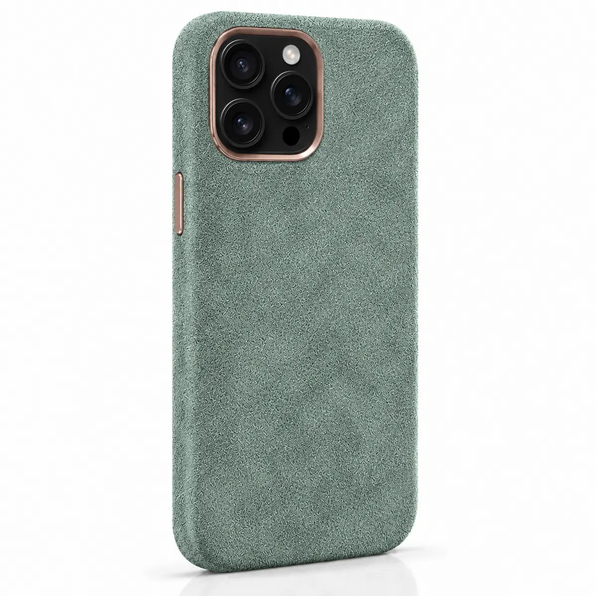Light green fabric phone case in a slightly angled rear view, showing the side controls. #color_Sage Green