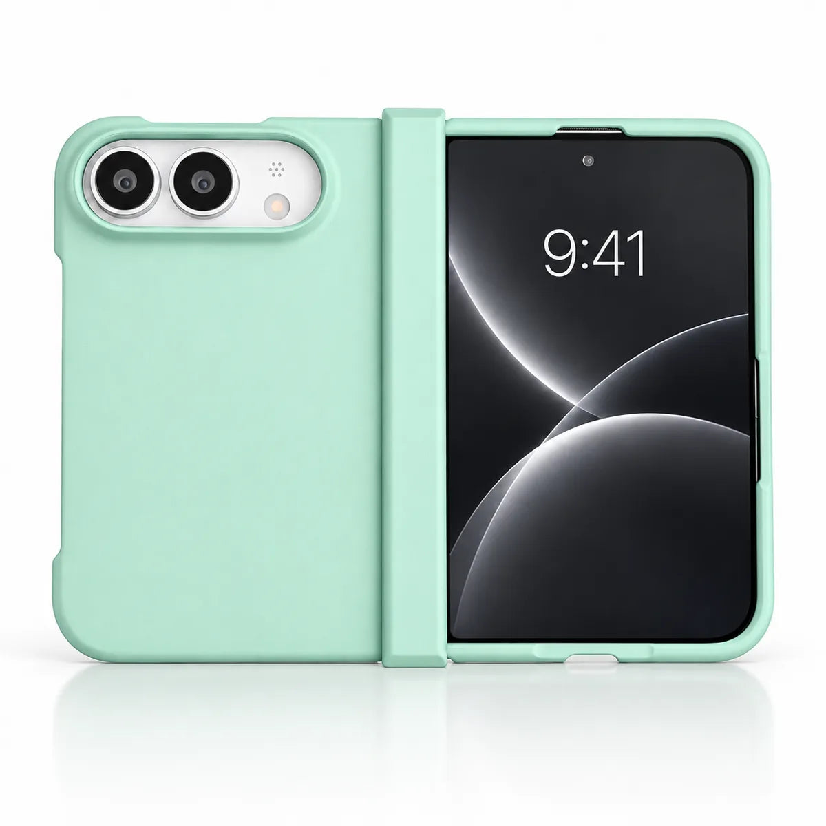 Light Green matte case on a silver iPhone Ultra, showing the rear cover, matching outer display frame and hinge cover on white. #color_Seafoam Green