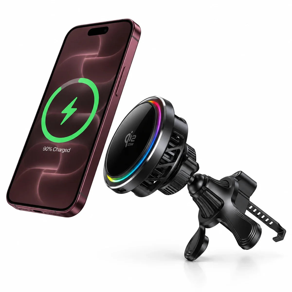 Black magnetic wireless car charger with active cooling and a phone approaching the charging pad. #color_Midnight Black