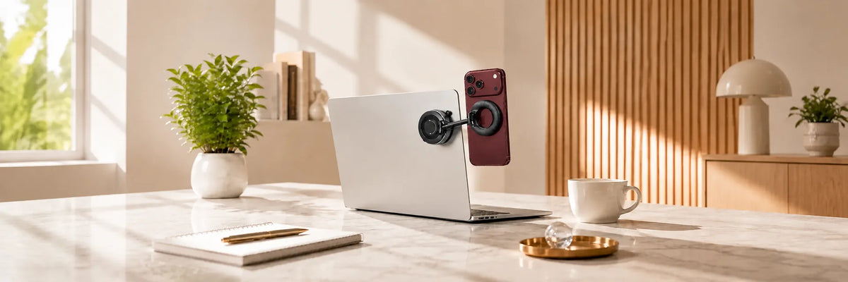 Black magnetic laptop phone mount holding a burgundy phone in a bright home office.