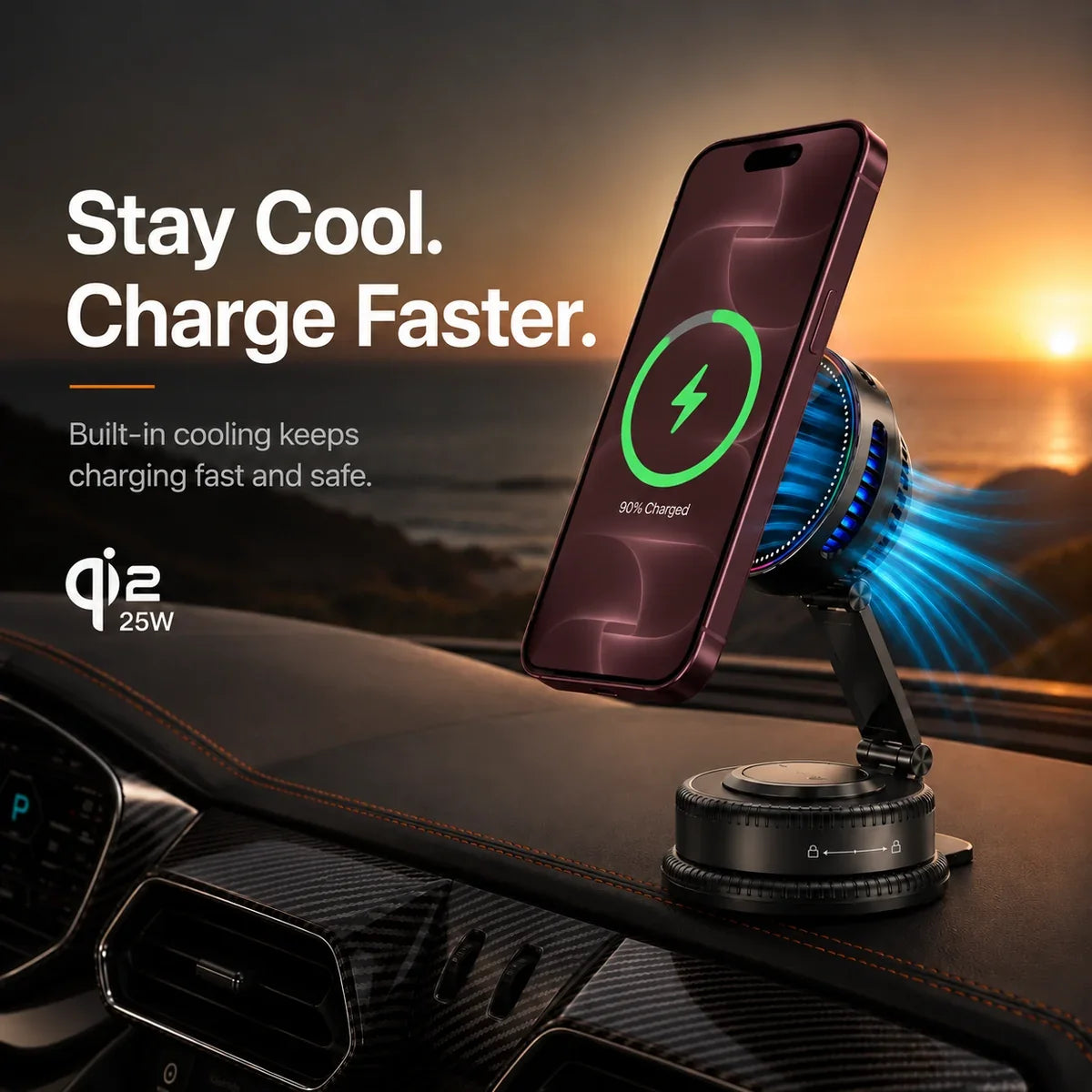 Magnetic car charger with 25W Qi2 fast charging and active cooling.