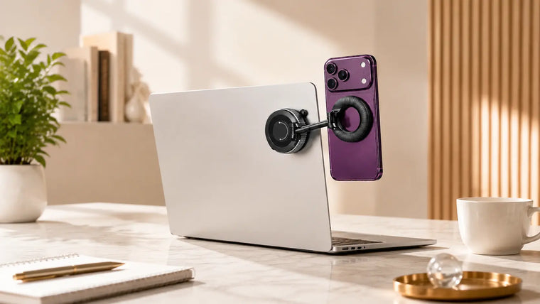 MagSafe laptop phone mount holding an iPhone beside a MacBook
