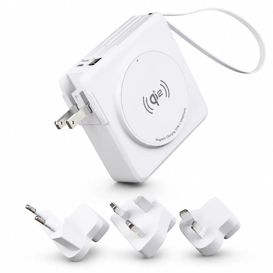 Arctic White travel power bank with interchangeable travel plugs