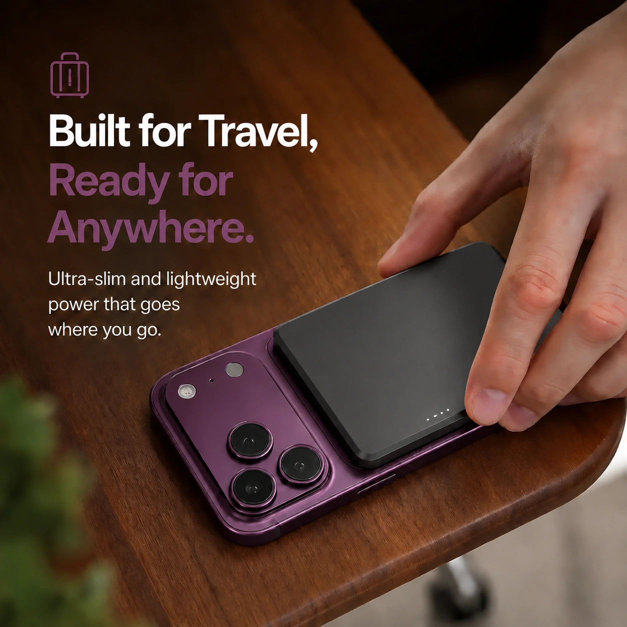 Midnight Black slim magnetic power bank being packed for travel #color_Midnight Black
