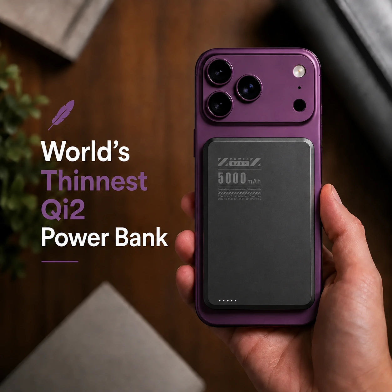 Midnight Black slim magnetic power bank held on a phone #color_Midnight Black